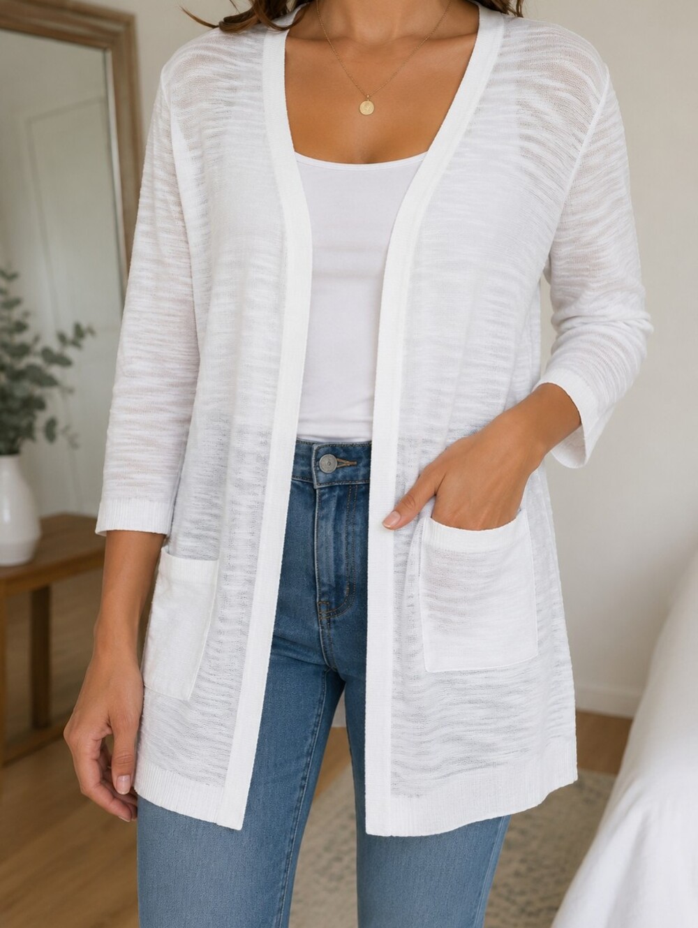CJ Banks White Open Front Cardigan XL Cotton Blend 3/4 Sleeve Lightweight
